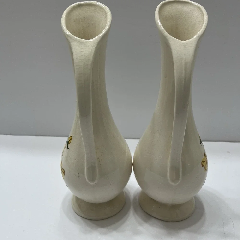 Vintage Off-White Floral Vases Set Of 2 Yellow Flowers Signed 1964 Ceramic